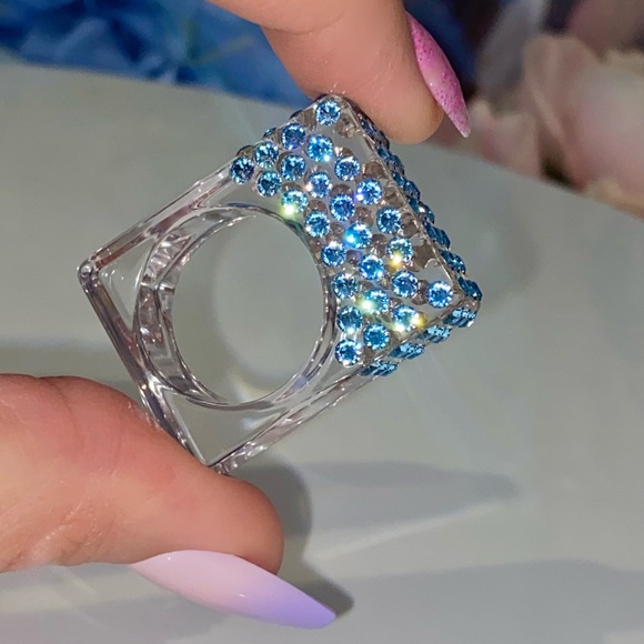 Acrylic Ring • Geometric Ring • Blue Swarovski Crystals • One Of A Kind Ring - Picture 13 of 13